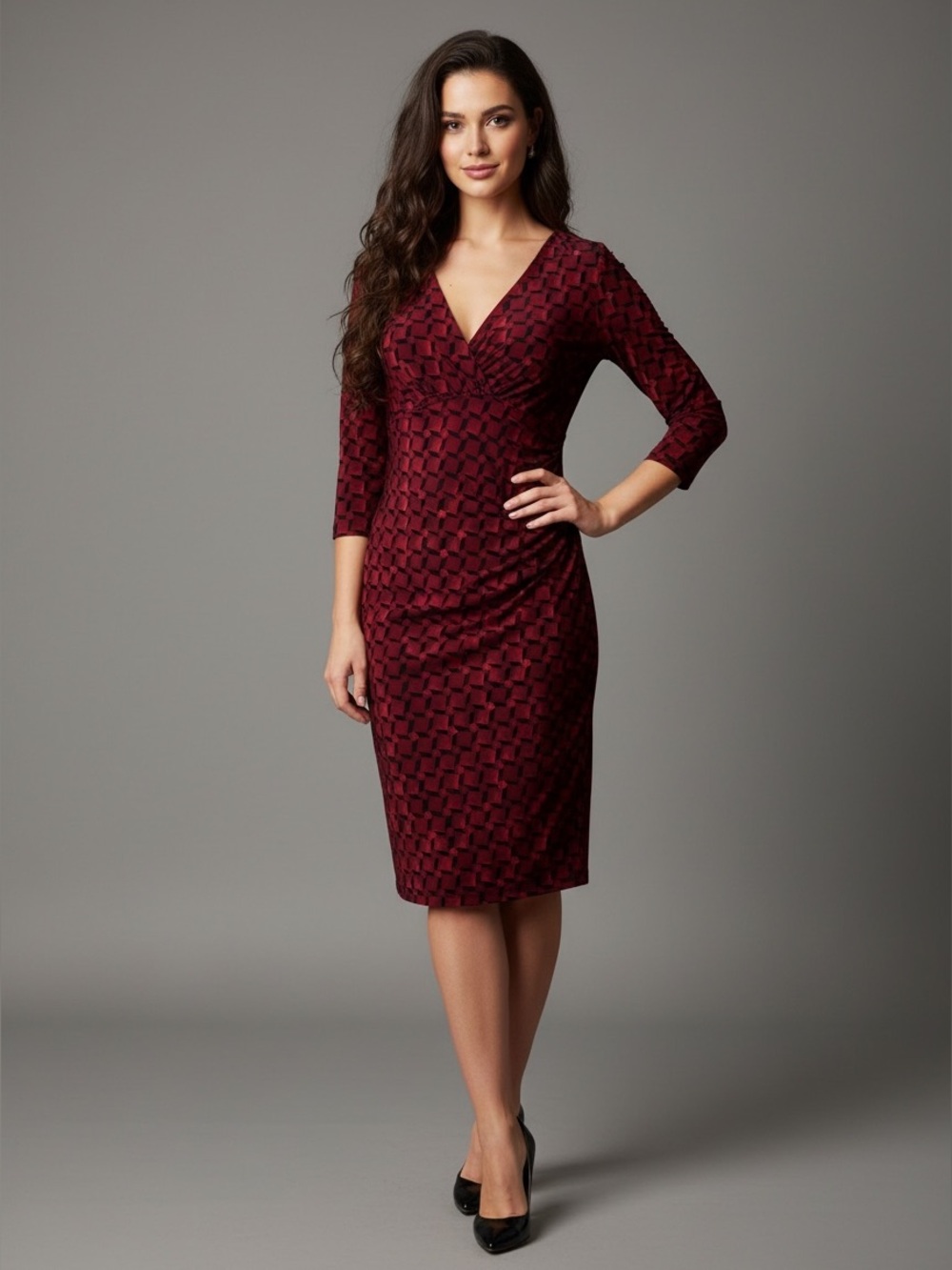 Lauren Ralph Lauren Faux Wrap Sheath Dress Burgundy Black Geometric Ruched Sz 6